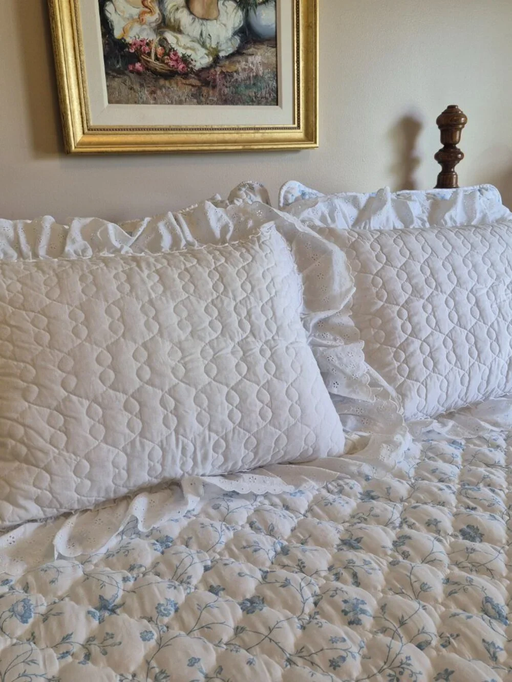 Pair White Cotton Eyelet Quilted Ruffled Pillow Shams Vintage Queen Cottagecore